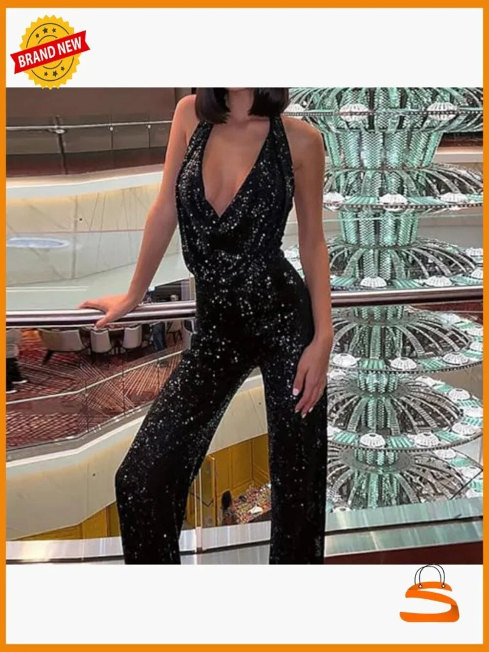 Halter Neck Sequin Jumpsuit Backless Wide Leg Glitter Pants